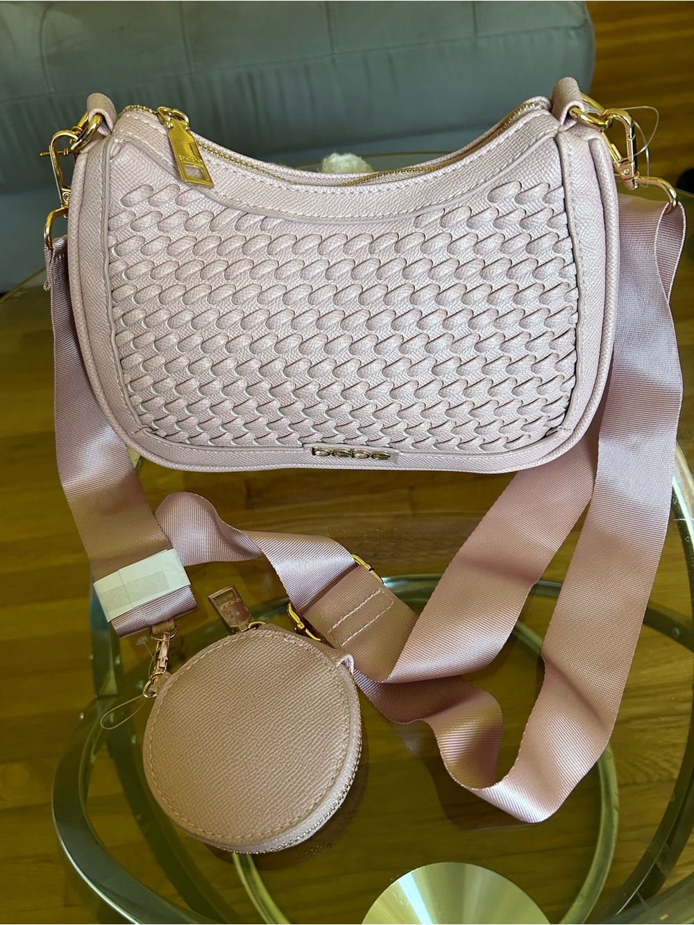 bebe Woven Crossbody Bag in Blush Pink with Gold Hardware